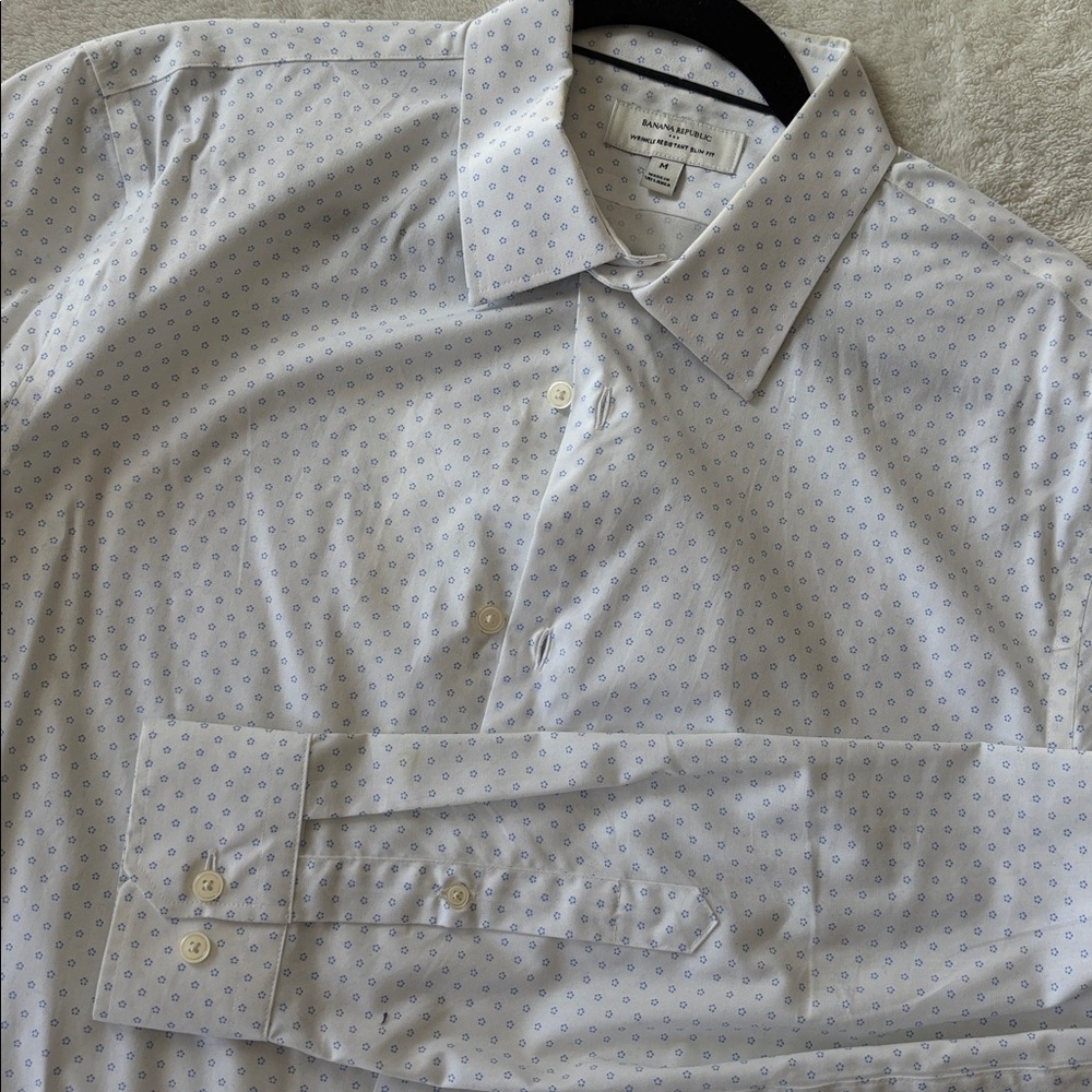 White Button-Up Shirt with Blue Pattern